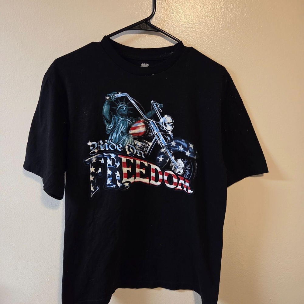 American Heritage Ride On Freedom Statue of Liberty Motorcycle T-Shirt Black M